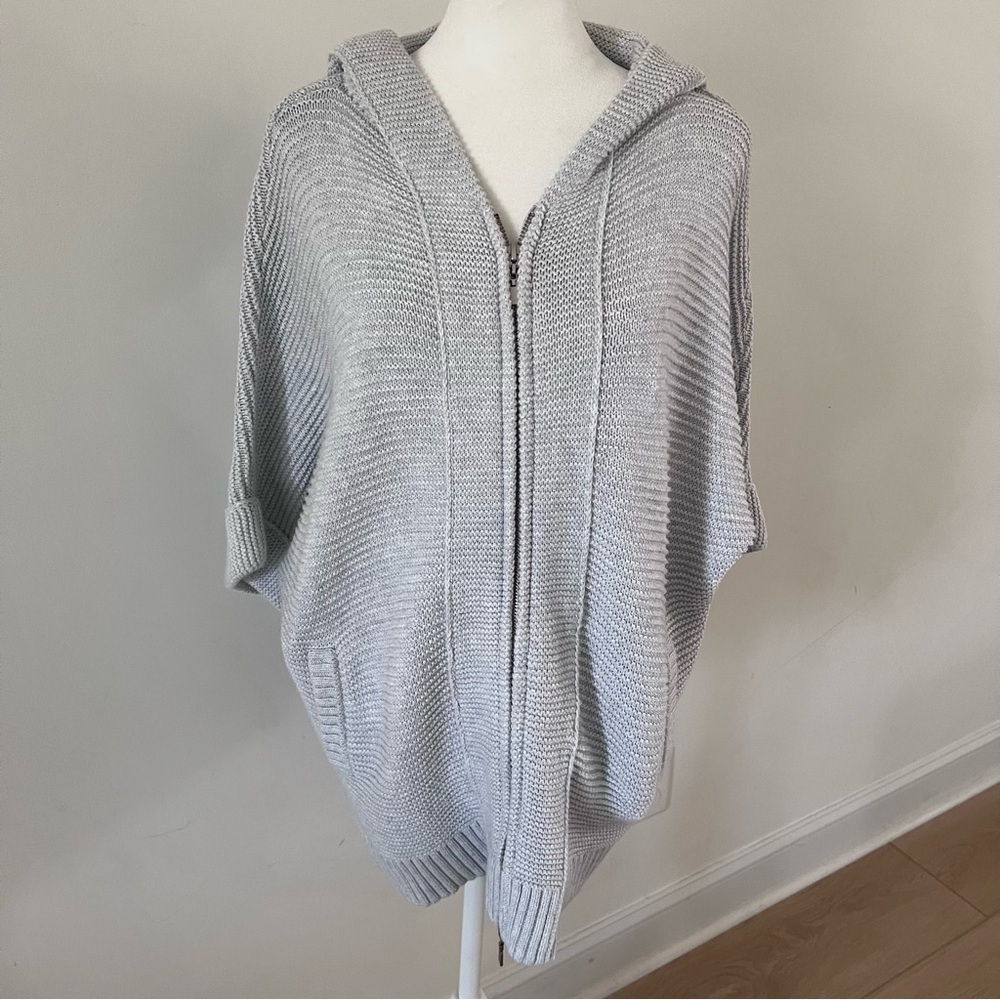 Kinross Oversized Chunky Knit Zip-Up Short-Sleeved Hooded Sweater | Size Small|